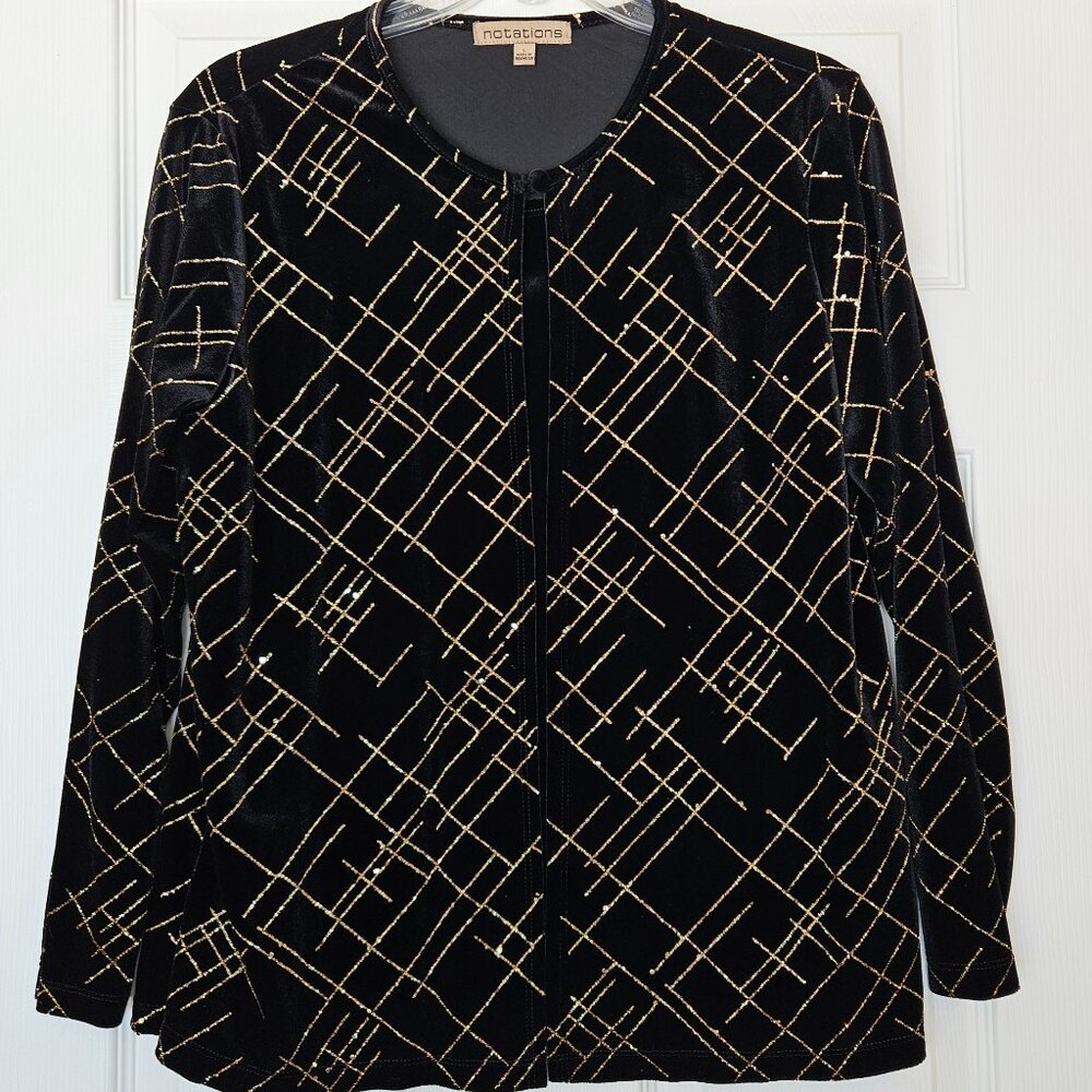 Notations Black Velvet Jacket w/ Gold Geometric Detail – Large